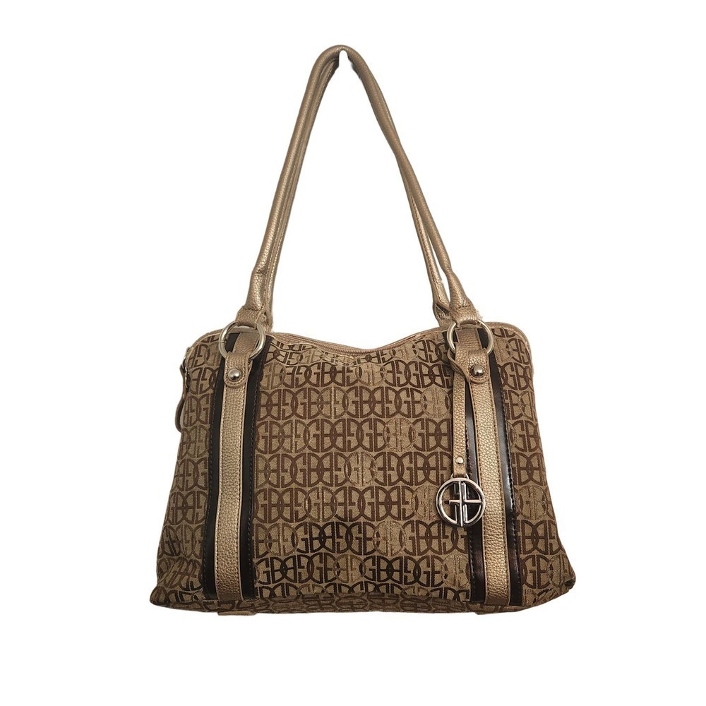 Gianni Bernini Signature Shoulder Bag Medium Handbag Zippered Pockets Tan‎ Brown